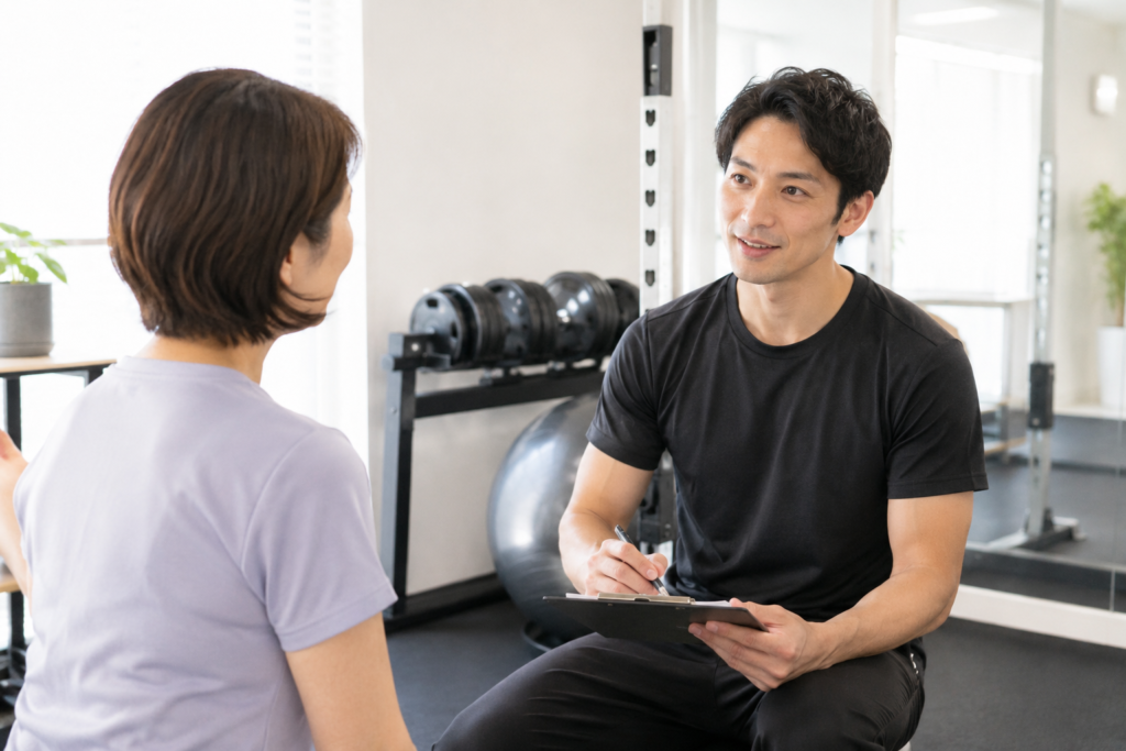 トレーナーが体調の話を聞く様子