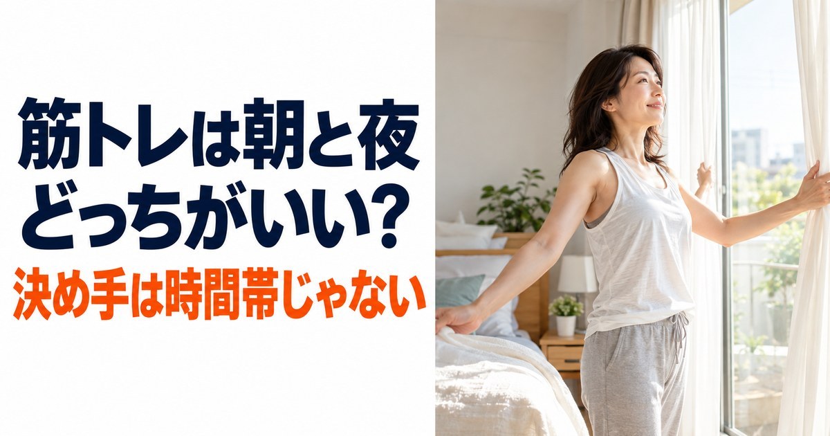 朝の寝室の窓辺でカーテンを開け、朝の光を浴びている女性。「筋トレは朝と夜どっちがいい？ 決め手は時間帯じゃない」