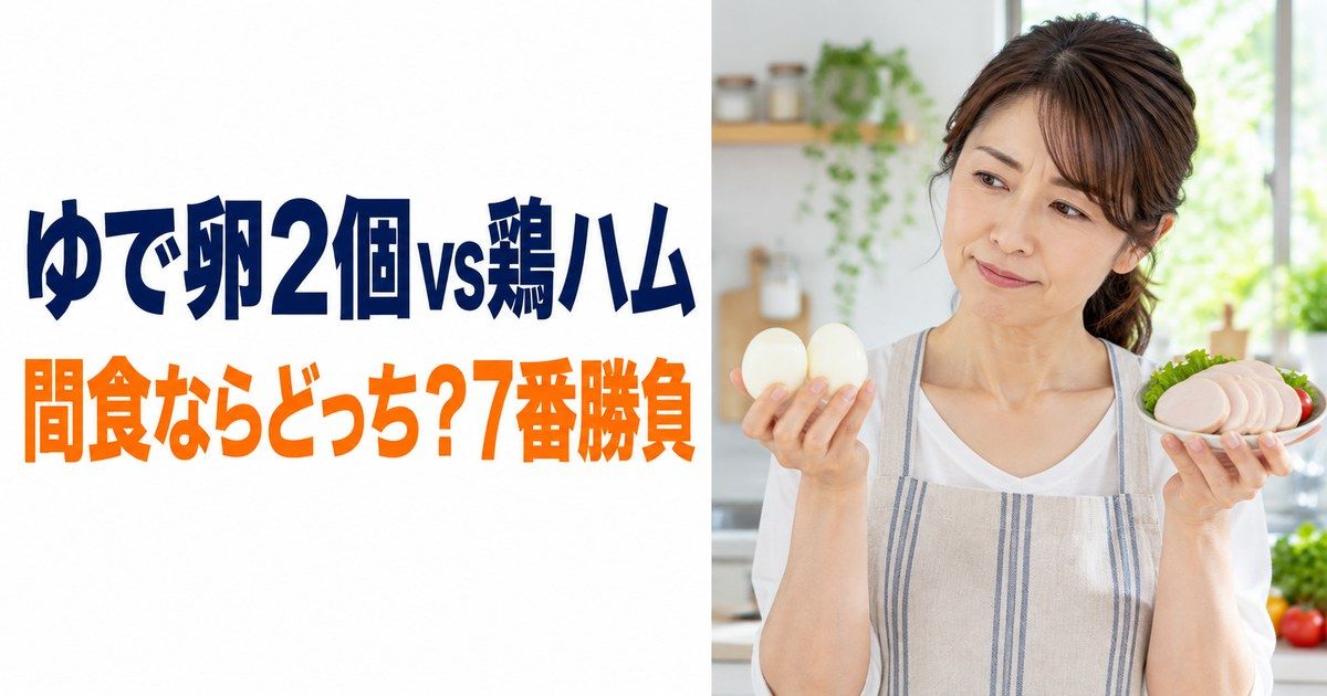 明るいキッチンで、エプロン姿の女性が片手にゆで卵2個、もう片方の手に切った鶏ハムの皿を持ち、どちらにするか迷うように見比べている。「ゆで卵2個vs鶏ハム 間食ならどっち？7番勝負」