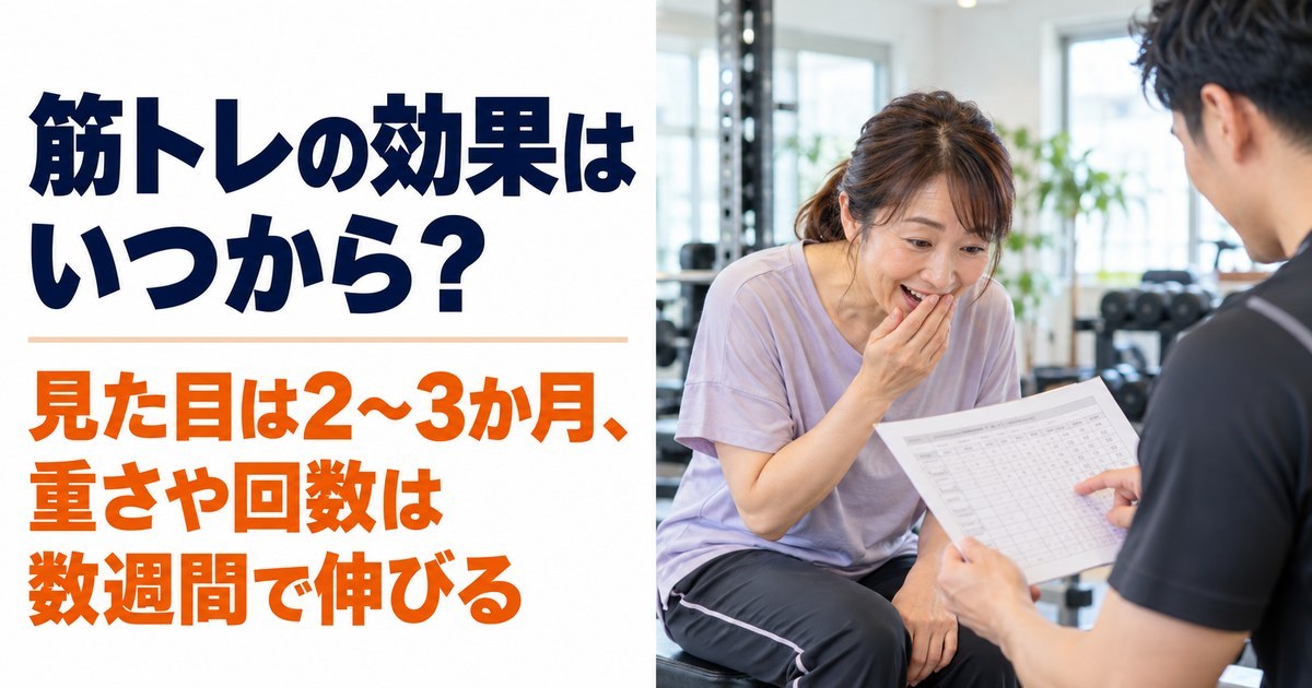 明るいパーソナルジムで、Tシャツ姿の女性が、男性トレーナーの持つトレーニングの記録用紙をのぞき込み、口もとに手を当てて驚いたようにうれしそうに笑っている。「筋トレの効果はいつから？ 見た目は2〜3か月、重さや回数は数週間で伸びる」